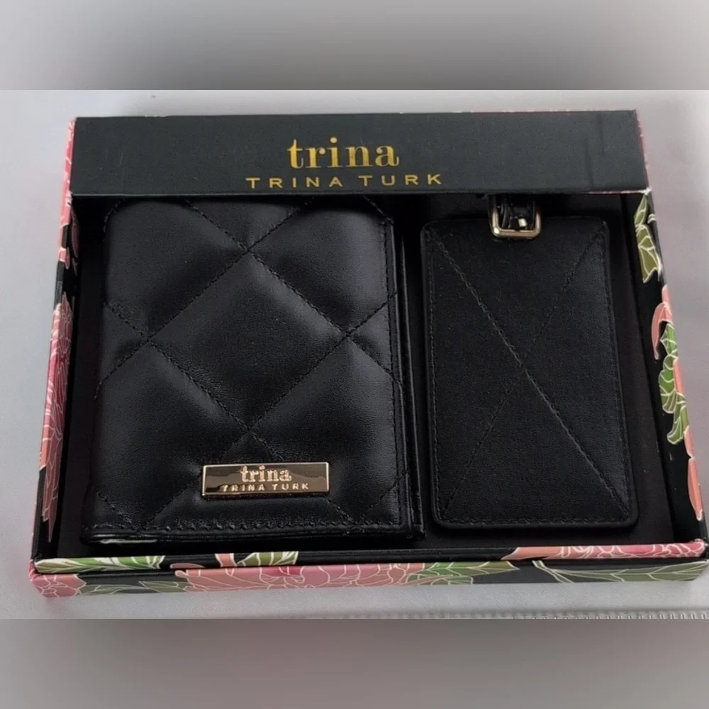 Trina Turk Black Quilted Passport Holder Luggage Tag Set NWT